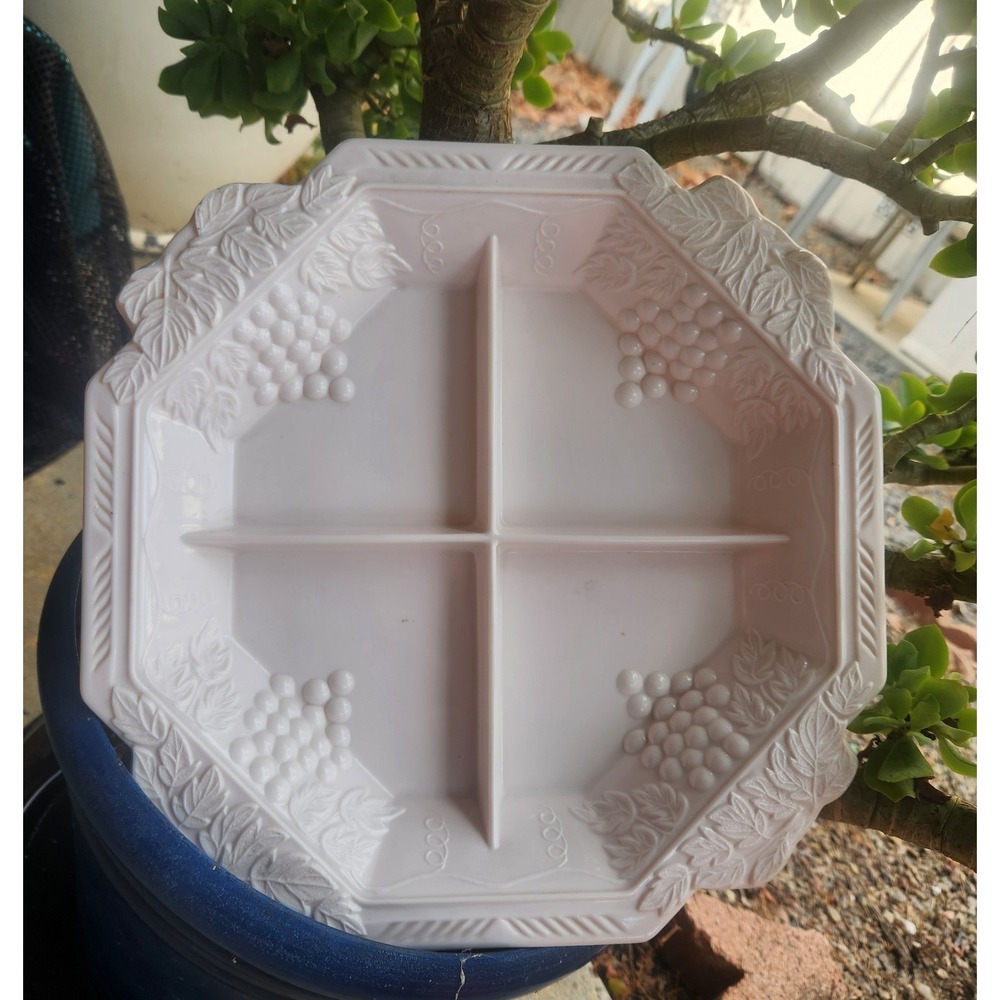 Jeannette Shell Pink Milk Glass Grapevine 4 Part 12" Relish Tray Vintage 50s
